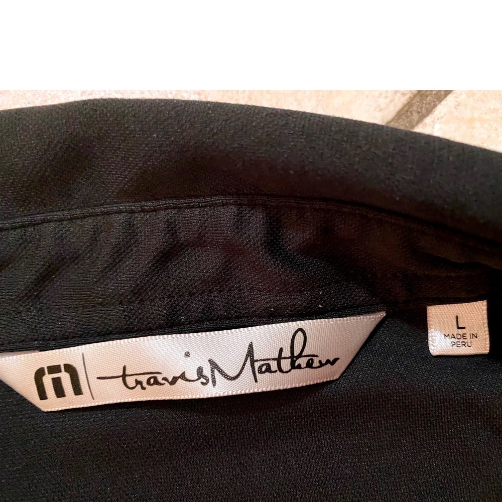 TravisMathew Mens Black Tropical Stripe Golf Polo Shirt Persimmon CC Logo Large - Picture 4 of 6